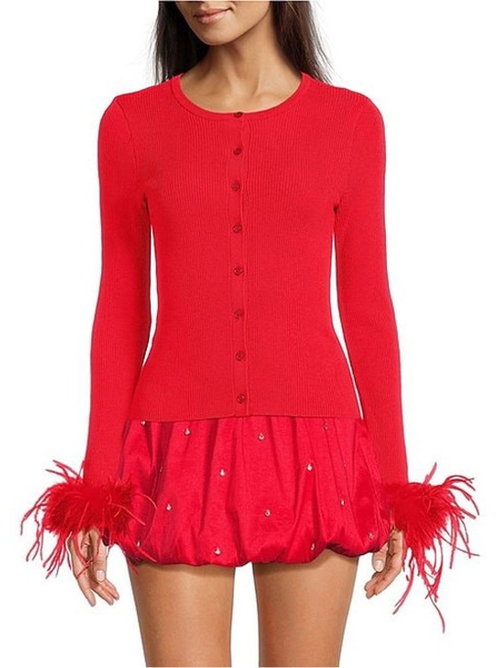 Gianni Bini Farrah Feather Trim Crewneck Long Sleeve Sweater Cardigan NWT LARGE